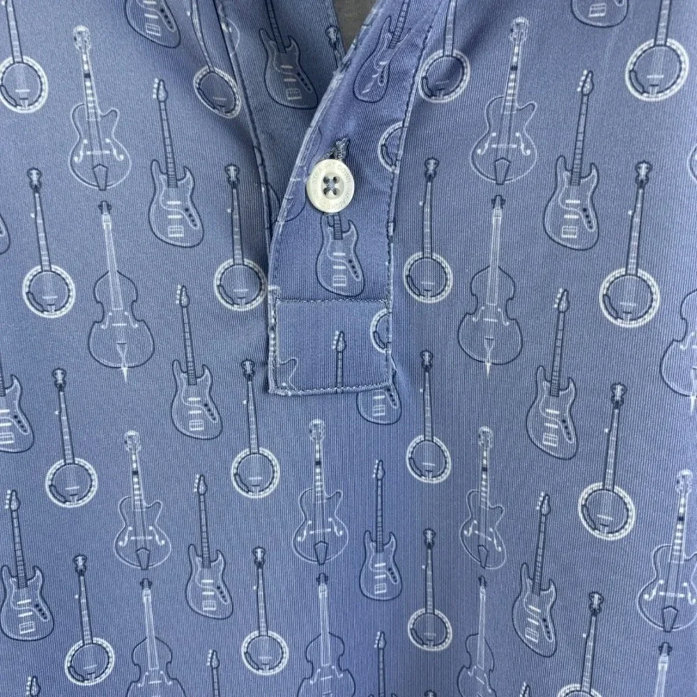 Straight Down‎ Performance Polo Shirt Mens L Blue Guitar Banjo Print Golf Logo